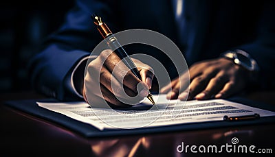 Legal counsel presenting signed contract with gavel and legal law justice and lawyer concept Stock Photo