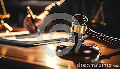 Legal counsel presents signed contract with gavel, bright photojustice and lawyer concept. Stock Photo