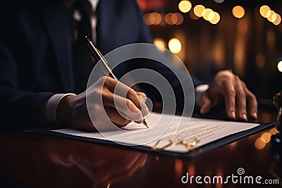 Legal counsel presents signed contract with gavel, law, and justice, symbolizing lawyer profession Stock Photo