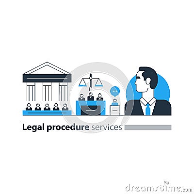 Legal court house trial services icons, lawyer man, advocacy attorney expert Vector Illustration