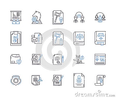 Legal department outline icons collection. Lawyer, Attorney, Litigation, Court, Compliance, Regulation, Contract vector Vector Illustration