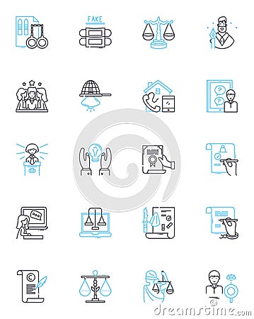 Legal freedoms linear icons set. Rights, Liberties, Justice, Equality, Constitution, Due process, Civil rights line Vector Illustration