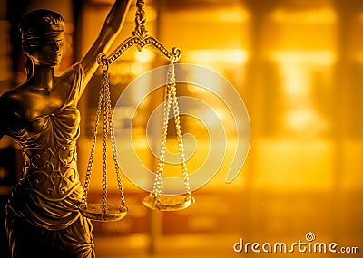 Legal law concept image, Scales of Justice, golden light. Stock Photo