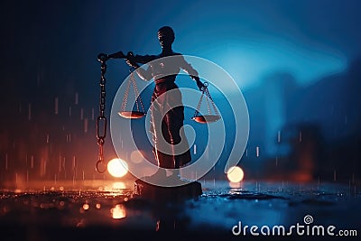 Legal law concept. Silhouette of The Statue of Justice on with lights at foggy background Stock Photo