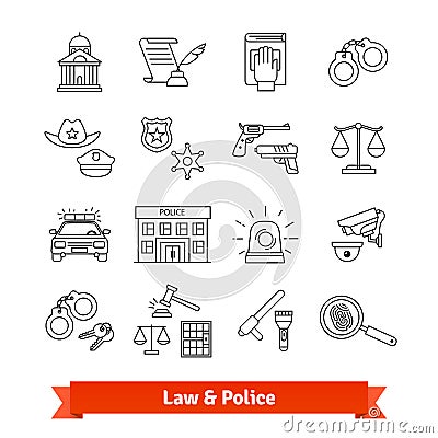 Legal, law, court and police icons thin line set Vector Illustration