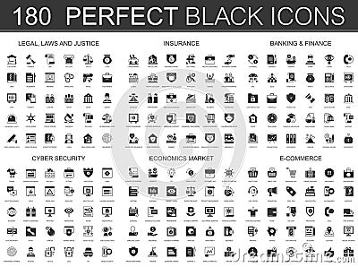 Legal, laws, justice, insurance, banking finance, cyber security, economics market and e-commerce black classic icon set Vector Illustration