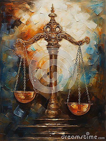 Legal Legacy: Sophisticated Oil Fusion of Justice Symbols & Vintage Aesthetics Stock Photo