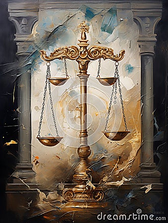 Legal Legacy: Sophisticated Oil Fusion of Justice Symbols & Vintage Aesthetics Stock Photo