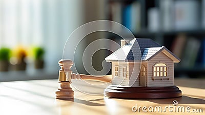 Legal Proceedings in Housing Judge's Gavel and Miniature Model House - Generative AI Cartoon Illustration