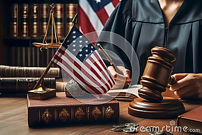 Legal professional presides over court with US flag Stock Photo