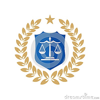 Legal service - vector logo template concept illustration in classic graphic line style. Law sign. Scales and shield symbol. Gold Vector Illustration