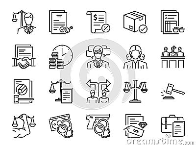 Legal services icon set. Included icons as law, lawyer, judge, court, advocacy and more. Vector Illustration