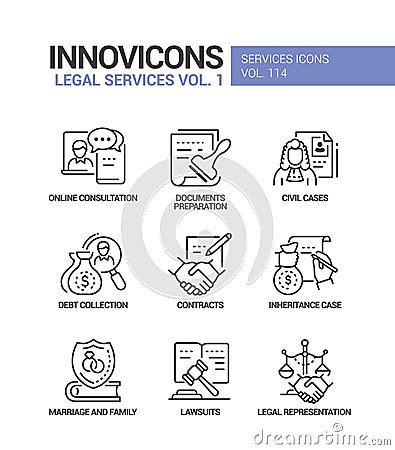 Legal services - line design style icons set Vector Illustration