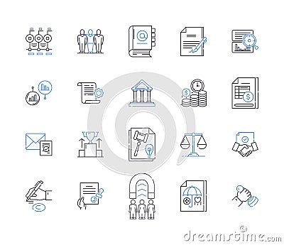 Legal services outline icons collection. Lawyer, Attorney, Barrister, Litigation, Court, Solicitors, Representation Vector Illustration