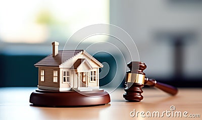 Legal Verdict Judge's Gavel Beside Miniature House in Real Estate Litigation - Generative AI Cartoon Illustration