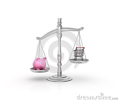 Legal Weight Scale with Piggy Bank and Shopping Cart Stock Photo