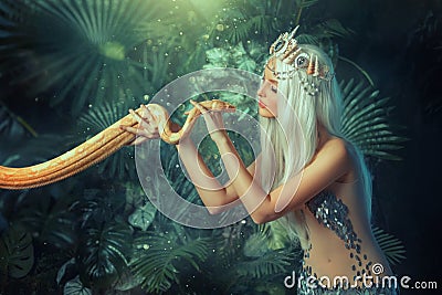 Legend mythical Nagga woman queen sea touch holds milk snake in hands. Blond girl long white flowing hair. Backdrop Stock Photo