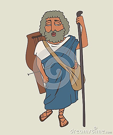 Legendary ancient greek bard Homer cartoon Vector Illustration