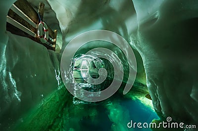 Legendary ice cave on the top of Hintertuxer Glacier in Austria, Natural Ice Palace Stock Photo