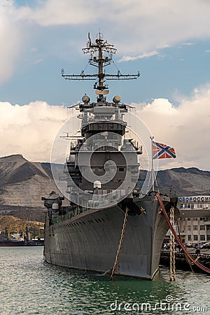 The legendary light artillery cruiser Mikhail Kutuzov, now a Museum at the pier in Novorossiysk. Editorial Stock Photo