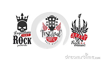 Legendary Rock Fest Logo Templates Set, Heavy Rock Music Festival Retro Badges k Vector Illustration Vector Illustration