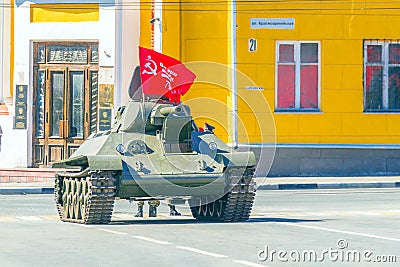 The legendary Soviet medium tank T-34-85, a version with a big gun in the city Editorial Stock Photo