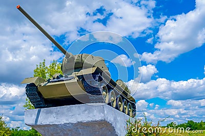 The legendary Soviet tank T-34-85 from World War II on a pedestal. Soviet combat vehicle of the Great Patriotic War Editorial Stock Photo