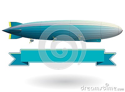 Legendary zeppelin airship. Blue stylized flying balloon. Dirigible with rudder and propellers. Vector Illustration