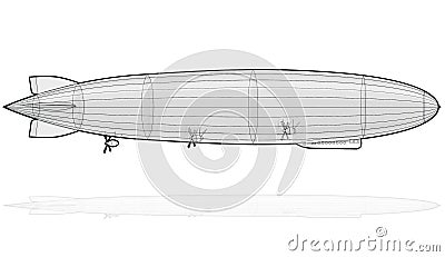 Legendary zeppelin airship. Stylized flying balloon. Dirigible with rudder and propellers. Vector Illustration