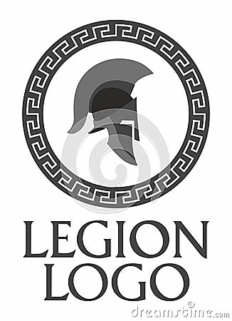 Legion logo. Ancient Greek helmet in a round Greek pattern Vector Illustration