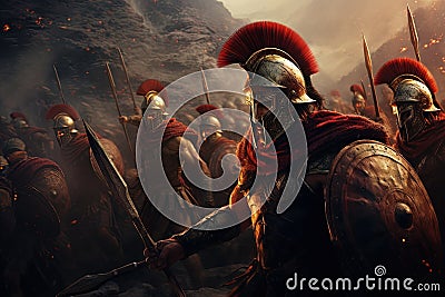 A legion of Spartan warriors in battle. Generative AI Stock Photo