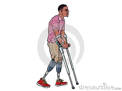 Legless african veteran with a bionic prosthesis with crutches. a disabled man learns to walk after an injury Vector Illustration