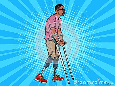 Legless african veteran with a bionic prosthesis with crutches. a disabled man learns to walk after an injury Vector Illustration