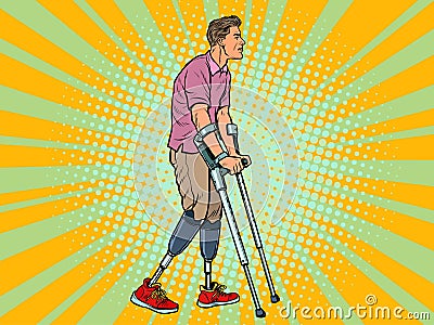 Legless veteran with a bionic prosthesis with crutches. a disabled man learns to walk after an injury. rehabilitation Vector Illustration