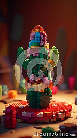 lego cactus with flowers, mexican kids style, generation ai Stock Photo