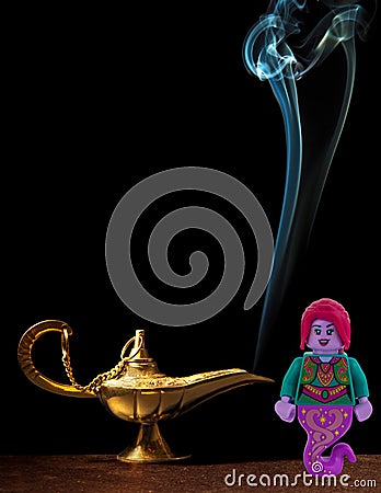 Lego female genie miniature floating next to a magic lamp Editorial Stock Photo