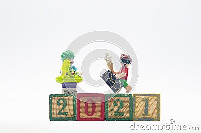 Lego joker and robin celebrating year 2021. Editorial Stock Photo