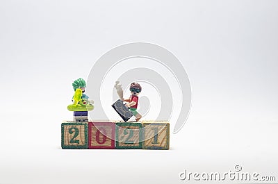 Lego joker and robin celebrating year 2021. Editorial Stock Photo