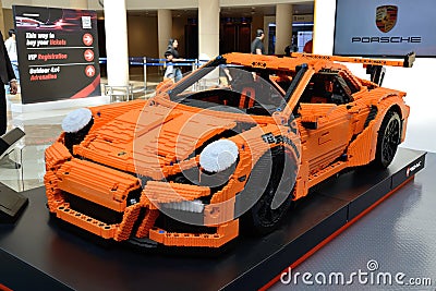 The Lego-made Porsche GT 3RS is on Dubai Motor Show 2017 Editorial Stock Photo