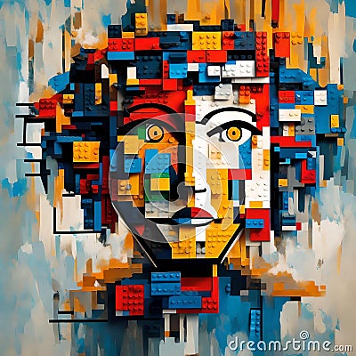 Lego Picasso: Abstract Portrait of a Vibrant Woman Cartoon Illustration