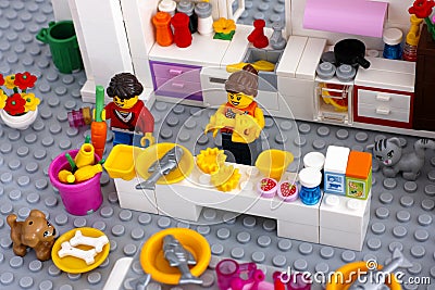 Lego scene. Cooking dinner on domestic kitchen. Editorial Stock Photo