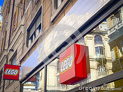Lego shop logo outside in the street Editorial Stock Photo