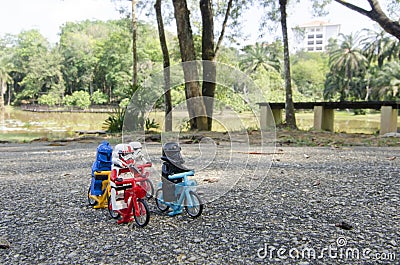 Lego starwars trooper riding bicycle on patrol at park. Editorial Stock Photo