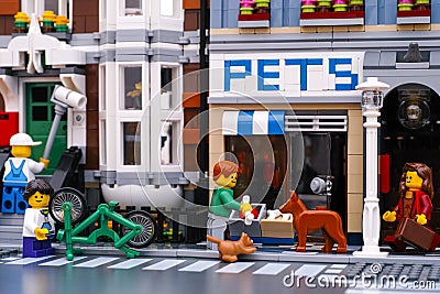 Lego street with houses and minifigures Editorial Stock Photo