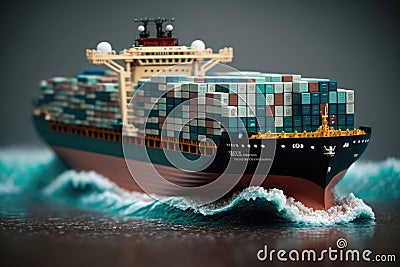 Lego toy constructor container ship, selective focus. Generative AI Stock Photo