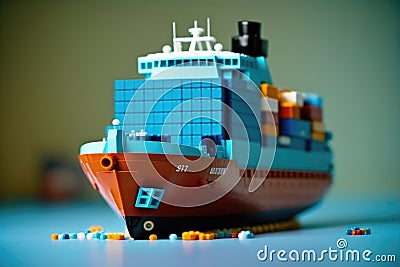 Lego toy constructor container ship, selective focus. Generative AI Stock Photo