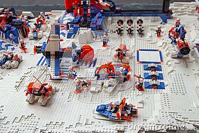 lego toys battle scene on a table, on lego exhibition Editorial Stock Photo