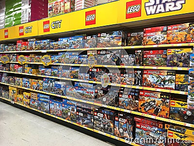 Lego toys in boxes for sale in a toy store. Editorial Stock Photo