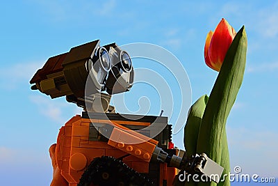 LEGO Wall-E robot figure from Pixar animated movie holding spring orange to yellow tulip flower, blue skies in background Editorial Stock Photo