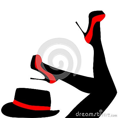 Legs in black tights with red shoes and hat next to them Vector Illustration